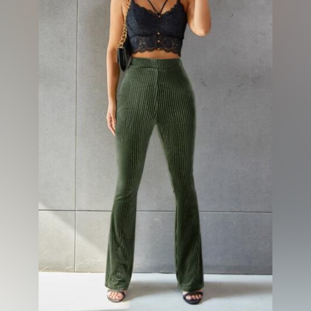 Solid Flare Leg Velvet Pants, Green, Size Large
